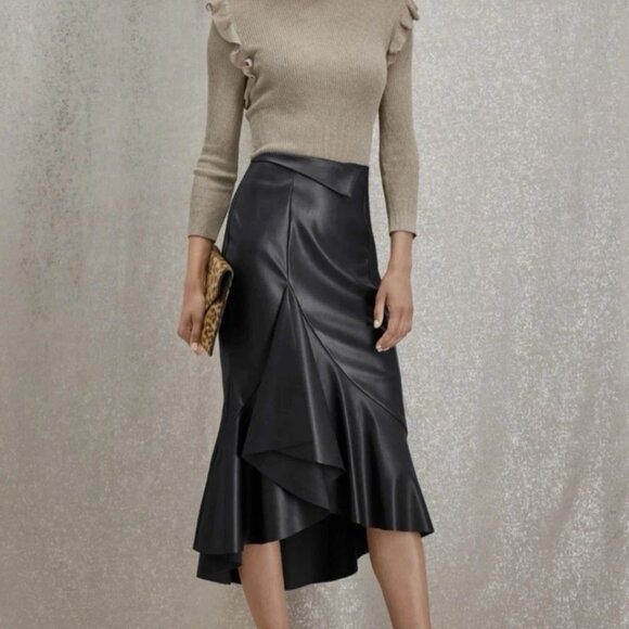Metro Style Faux Leather Skirt Sz 16 Asymmetrical Ruffle Zipper Whimsy Goth - Picture 7 of 12